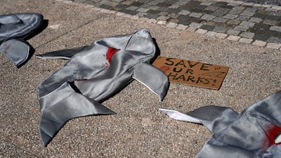 Shark costumes with their fins cut off lie on the ground during a protest against the shark fin trade at the UN Ocean Conference in Lisbon. AP