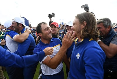 Francesco Molinari, centre, struck up a fruitful partnership with Tommy Fleetwood in France. AFP