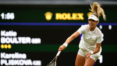 Katie Boulter serves against Karolina Pliskova during their match on Centre Court. AFP