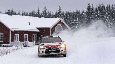 Sheikh Khalid Al Qassimi navigates through the snow at Rally Sweden on Friday. Photo by Andre Lavadinho