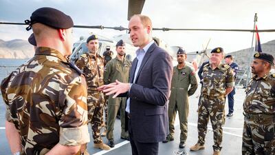 The Duke of Cambridge visited the Ras Musandam Naval Base to hear more about the Royal Navy of Oman’s responsibilities and role in monitoring the Strait of Hormuz maritime traffic separation scheme, which at its narrowest point is just 21 miles wide. Twitter/ @KensingtonRoyal