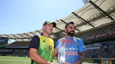 India captain Virat Kohli, right, and Australia counterpart Aaron Finch will lead their teams in a three-match Twenty20 series. Getty Images