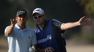 DUBAI, UNITED ARAB EMIRATES - JANUARY 30: Sergio Garcia of Spain and his caddie Glenn Murray during the second round of the Dubai Desert Classic played on the Majlis Course on January 30, 2009 in Dubai,United Arab Emirates. (Photo by Ross Kinnaird/Getty Images) *** Local Caption *** GYI0056612185.jpg
