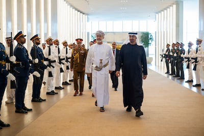 President Sheikh Mohamed receives Sultan Haitham of Oman. Photo: UAE Presidential Court