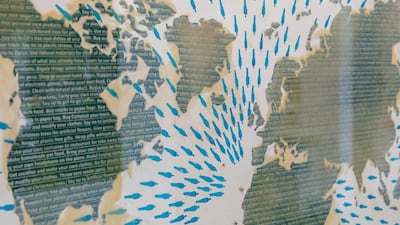 Detail view of Behnoosh Feiz's work titled 'One Planet, One Home', part of Tashkeel's group exhibition 'Plastic' which closed early last month due to the coronavirus outbreak. The organisation is now using online tools to engage with its community. Courtesy the artist and Tashkeel