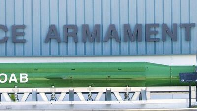 The bomb dropped by the US on Nangarhar, eastern Afghanistan, the GBU-43B, or massive ordnance air blast (MOAB) weapon, seen on display at the Air Force Armament Museum on Eglin Air Force Base, Florida in May 2004 . Photo: Northwest Florida Daily News via AP