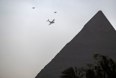 Egyptian Air Force planes flying over the Pyramids of Giza during training. EPA