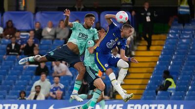 Leicester's Wesley Fofana, left, fights for the ball with Chelsea's Hakim Ziyech. AP Photo