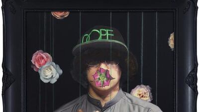 Shurooq Amin's See the Beauty Here, mixed media on canvas, for the exhibition We'll Build This City on Art and Love at Ayyam Gallery in Dubai. Courtesy Shurooq Amin and Ayyam Gallery