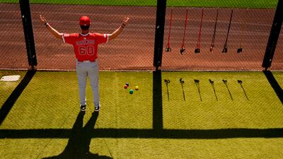 Los Angeles Angels relief pitcher Jack Dashwood warms up before a game against the San Diego Padres, in Peoria, Arizona. AP