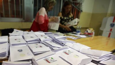 Lebanese officials count votes at a polling centre in Beirut after polling stations closed for Lebanon's first parliamentary elections in nine years on May 6, 2018. Polling stations closed after 12 hours of voting that were marred only by minor incidents and were marked by what provisional estimates suggested was a low turnout. Anwar Amro / AFP