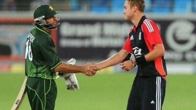 Pakistan's Shahid Afridi, left congratulates England's captain Stuart Broad. Both teams learnt much about each, and themselves, during the long series in the UAE.