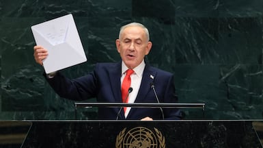 Israeli Prime Minister Benjamin Netanyahu displays a Starlink device as he addresses the 81st United Nations General Assembly. AFP
