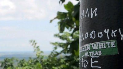 Karpaty Lviv's ultras mark their territory on a lampost at the town's most scenic lookout point.