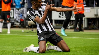 Alexander Isak celebrates after Newcastle's second. EPA