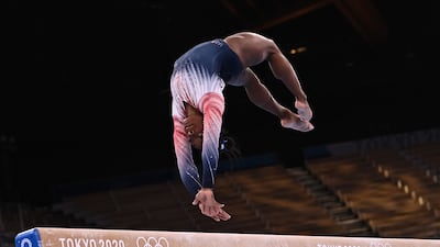 USA's Simone Biles competes in the artistic gymnastics women's balance beam final.