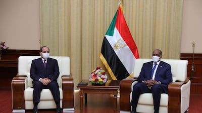 Sudan's Sovereign Council Chief General Abdel Fattah Al Burhan meets with Egyptian President Abdel Fatah El Sisi in Khartoum. Sudan Sovereign Council, HO.