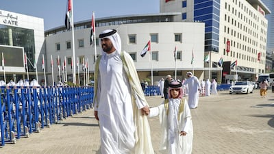 Guests arrive at Dubai World Trade Centre for the weddings of Sheikh Hamdan bin Mohammed, Crown Prince of Dubai, Sheikh Maktoum bin Mohammed, Deputy Ruler of Dubai, and Sheikh Ahmed bin Mohammed, Chairman of the Mohammed bin Rashid Al Maktoum Knowledge Foundation, on Thursday. Victor Besa / The National