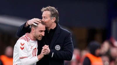 Christian Eriksen and coach Kasper Hjulmand during Denmark's victory over Serbia in Copenhagen. EPA