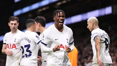 Destiny Udogie of Tottenham Hotspur celebrates after scoring their first goal. Getty Images