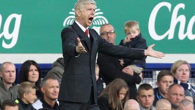 Arsenal manager Arsene Wenger reacts during his side's 2-2 draw with Everton in the English Premier League on Saturday. Lindsey Parnaby / AFP / August 23, 2014