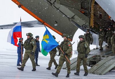 Russian peacekeepers attend a welcome ceremony upon returning from a mission in Kazakhstan on the military base in Ivanovo, Russia, 15 January. EPA