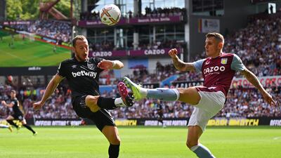 Vladimir Coufal of West Ham United battles for possession with Lucas Digne of Aston Villa. Getty Images