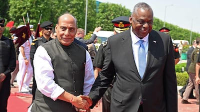 India's Defence Minister Rajnath Singh with US Secretary of Defense Lloyd Austin at the Manekshaw Centre in New Delhi. AFP