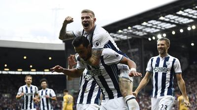 West Bromwich Albion's Nacer Chadli celebrates with James McClean. Dylan Martinez / Reuters