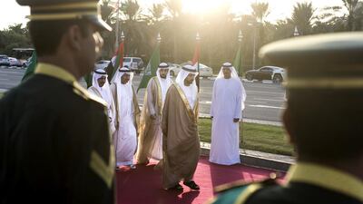 Sheikh Hamdan bin Mohammed, Crown Prince of Dubai, arrives for the sign unveiling ceremony accompanied by Sheikh Ahmed bin Mohammed, Chairman of the Mohammed bin Rashid Al Maktoum Foundation, Dr Anwar Gargash, UAE Minister of State for Foreign Affairs, and Dr Mohammed Al Bishr, Ambassador of Saudi Arabia to the UAE. Reem Mohammed / The National