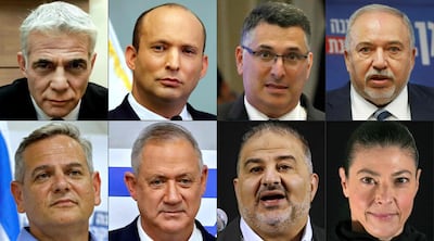 Clockwise from top left, the new coalition is made up of: Yesh Atid, led by Yair Lapid; Yamina, led by Naftali Bennett; New Hope, led by Gideon Sa'ar; Israel Beiteinu led by Avigdor Lieberman; the Israeli Labour Party, led by Merav Michaeli; Ra'am, led by Mansour Abbas; Blue and White, led by Benny Gantz; and Meretz, led by Nitzan Horowitz. AFP