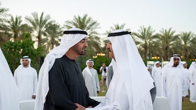 Sheikh Mohamed greets Sheikh Saud bin Rashid Al Mualla