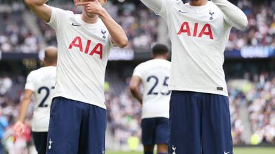 Son Heung-Min of Tottenham Hotspur celebrates after scoring their first goal during the friendly match against Arsenal at the Tottenham Hotspur Stadium on Sunday, August 8, 2021.