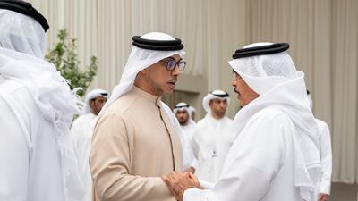 Sheikh Mansour bin Zayed, Vice President, Deputy Prime Minister and Minister of the Presidential Court, receives condolences from Bahrain's Minister of Interior Lt Gen Sheikh Rashid Al Khalifa. Photo: UAE Presidential Court