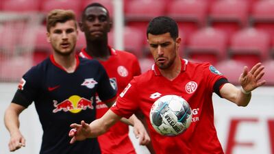 Mainz's Aaron Martin Caricol in action with RB Leipzig's Timo Werner. EPA