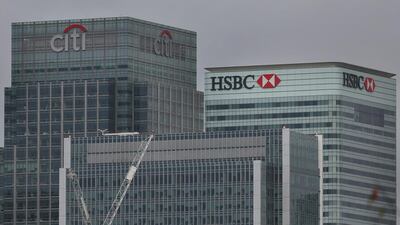 Citi and HSBC offices in London. The international banks have rolled out various measures to provide financial relief for UAE consumers affected by the Covid-19 outbreak. Peter Macdiarmid / Getty Images