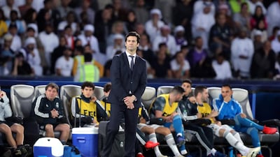 Real Madrid manager Santiago Solari during the Club World Cup final against Al Ain at Zayed Sports City Stadium, Abu Dhabi. Chris Whiteoak / The National