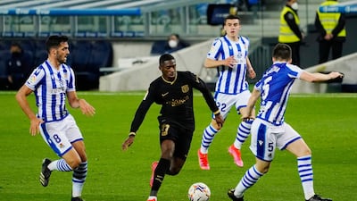 Barcelona's Ousmane Dembele scores their fifth goal. Reuters