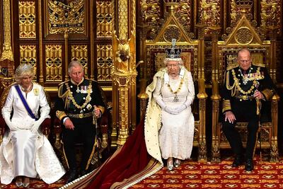 Charles, Prince of Wales and Camilla, Duchess of Cornwall, Prince Philip, Duke of Edinburgh, Queen Elizabeth II, at the State Opening of Parliament at the Palace of Westminster in 2015. Britain's parliament is split into two chambers. AFP