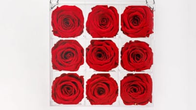 Amelia perspex bag, Dh1,850, Uplifting Floral Studio. Photo: Uplifting Floral Studio