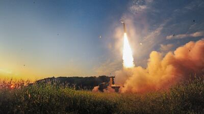 South Korea's short-range Hyunmoo ballistic missiles was seen roaring into the sky in the pale light of dawn from a launch site on the country's east coast. EPA
