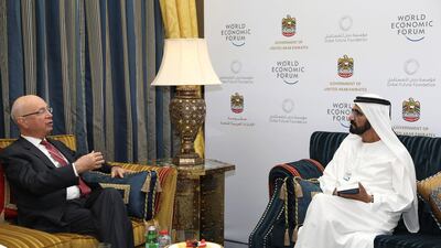 Sheikh Mohammed bin Rashid, Vice President and Ruler of Dubai, meets with Klaus Schwab, founder of the World Economic Forum, in Dubai. Wam