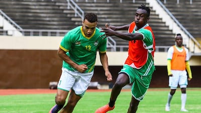 Zimbabwe players Matthew Rusike, left, and Tino Kadewere practice at the National Sports Stadium in Harare on January 6, 2017, ahead of the upcoming 2017 Africa Cup of Nations in Gabon. Jekesai Njikizana / AFP