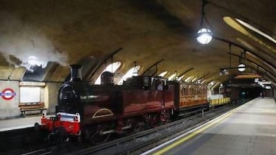 A restored steam engine from 1898 at the Baker Street Underground in London. Oli Scarff / Getty Images