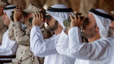 Sheikh Hamdan bin Mohammed, Crown Prince of Dubai, attends the graduation of the 18th cohort of the national military service at Seih Hafeir in Abu Dhabi