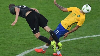 A photo by Johannes Eisele showing Germany’s Sven Bender (left) and Brazil’s Gabriel Jesus at the men’s football gold-medal match at the Maracanã Stadium in Rio on August 20. Alliance Française Dubai