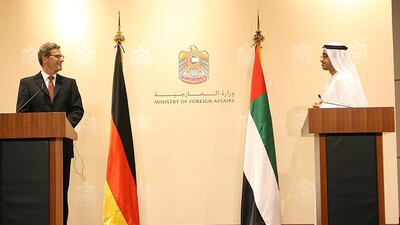 Sheikh Abdullah bin Zayed, Minister of Foreign Affairs, with his German counterpart Guido Westerwellein, in Abu Dhabi, in 2012. Sammy Dallal / The National