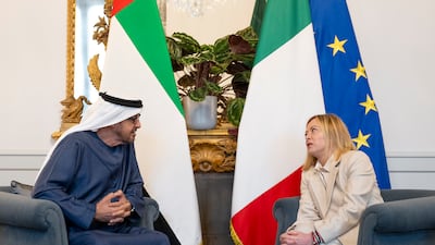 President Sheikh Mohamed and Ms Melon discussed the long-standing and historic ties between Italy and the UAE. Photo: Abdulla Al Bedwawi / UAE Presidential Court