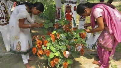 Dozens of artists in the eastern Indian state of Bihar are painting roadside trees and their leaves with colourful stories from Hindu epics, hoping to save the region's already critically sparse greenery.