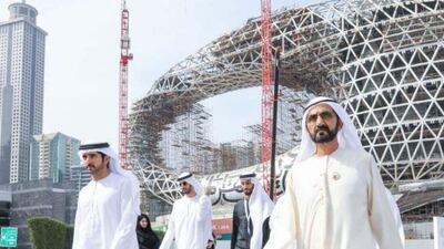 Sheikh Mohammed bin Rashid, Vice President and Ruler of Dubai, and Sheikh Hamdan bin Mohammed, Crown Prince of Dubai, visit the construction site for the Museum of the Future. Courtesy Dubai Media Office